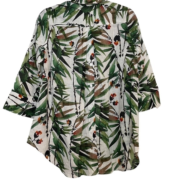 NEW Boho Chic 100% Linen Palm/Floral Print Collared 3/4 Sleeves Tunic Top. Sz. S - Picture 2 of 14